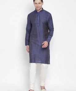 VASTRAMAY Men's Blue Cotton Silk Blend Kurta