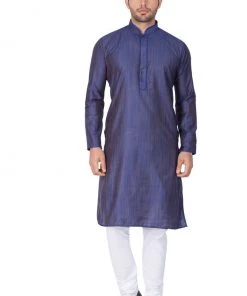 Vastramay Men's Blue Cotton Silk Blend Kurta And Pyjama Set