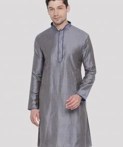VASTRAMAY Men's Grey Cotton Silk Blend Kurta