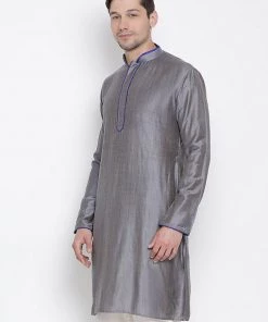 VASTRAMAY Men's Grey Cotton Silk Blend Kurta