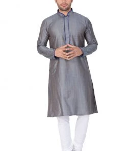 Vastramay Men's Grey Cotton Silk Blend Kurta And Pyjama Set
