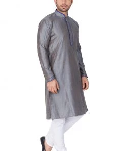 Vastramay Men's Grey Cotton Silk Blend Kurta And Pyjama Set