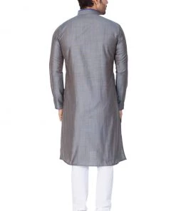 Vastramay Men's Grey Cotton Silk Blend Kurta And Pyjama Set