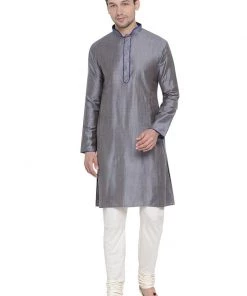 Vastramay Men's Grey Cotton Kurta And Pyjama Set