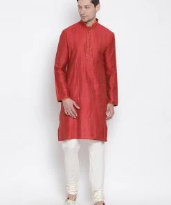 Vastramay Men's Maroon Cotton Kurta And Pyjama Set