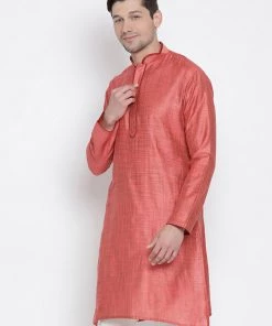 VASTRAMAY Men's Pink Cotton Silk Blend Kurta