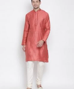VASTRAMAY Men's Pink Cotton Silk Blend Kurta