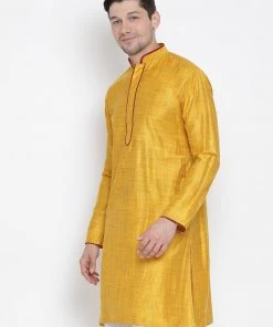 VASTRAMAY Men's Yellow Cotton Silk Blend Kurta