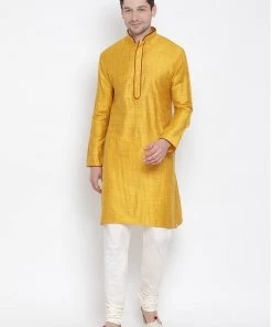 Vastramay Men's Yellow Cotton Kurta And Pyjama Set