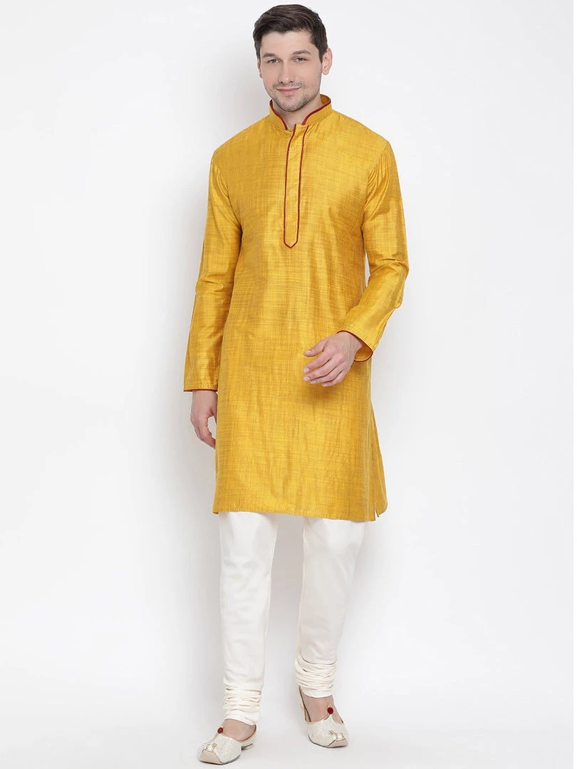 Vastramay Men's Yellow Cotton Kurta And Pyjama Set 3 Vastramay Men's Yellow Cotton Kurta And Pyjama Set