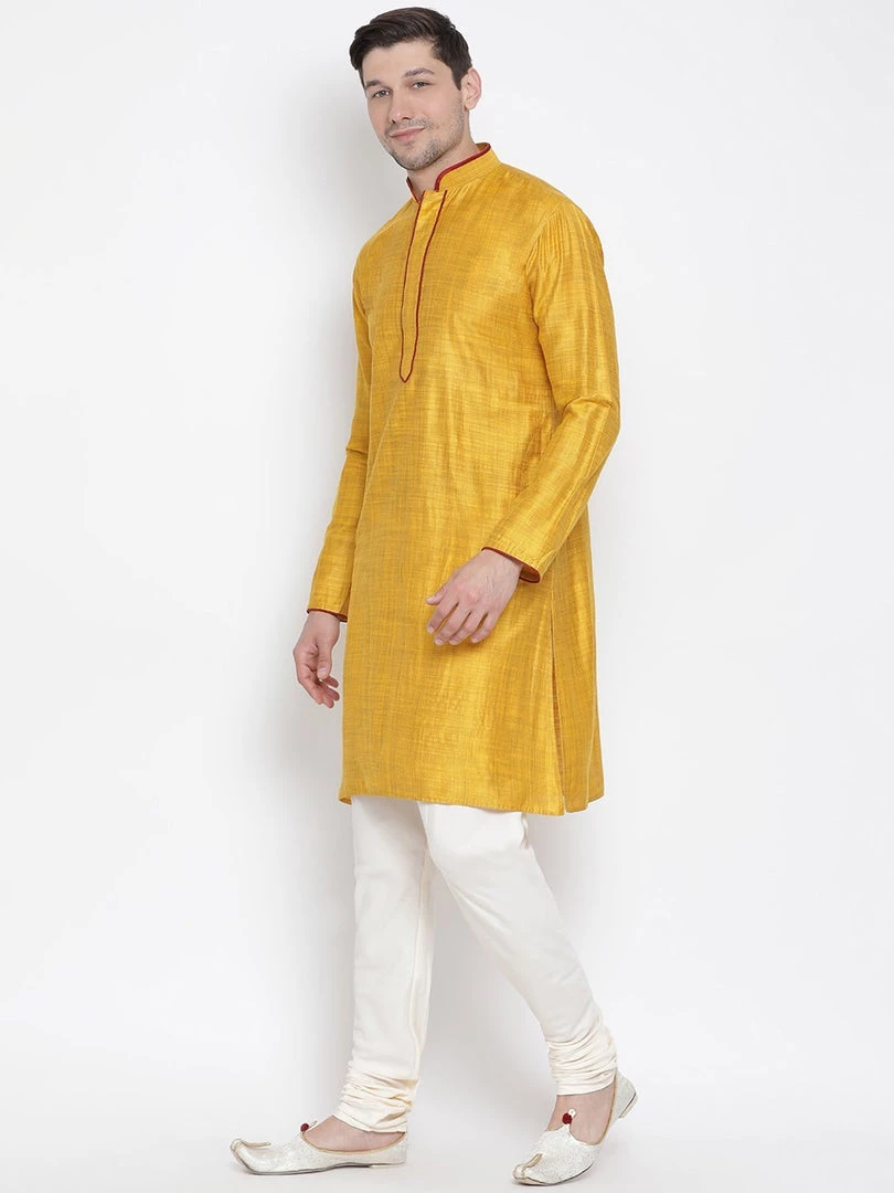 Vastramay Men's Yellow Cotton Kurta And Pyjama Set 4 Vastramay Men's Yellow Cotton Kurta And Pyjama Set