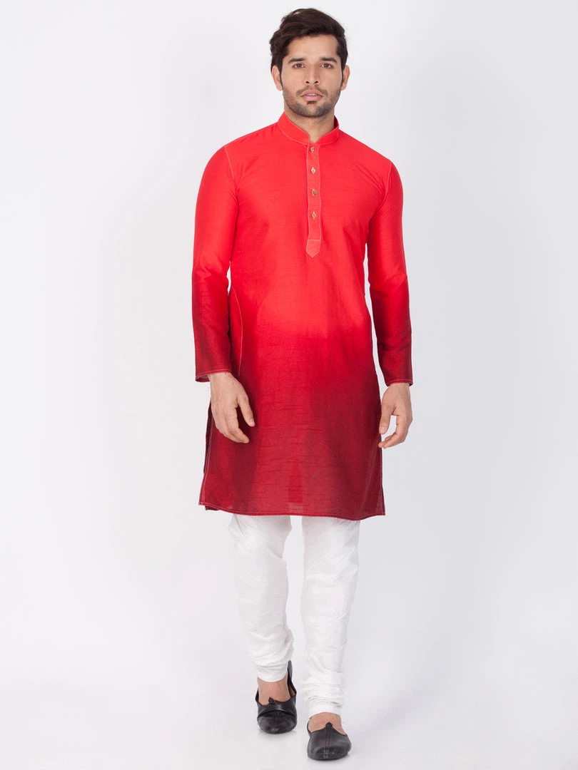 Vastramay Men's Red Cotton Silk Blend Kurta And Pyjama Set 3 Vastramay Men's Red Cotton Silk Blend Kurta And Pyjama Set