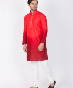 Vastramay Men's Red Cotton Silk Blend Kurta And Pyjama Set