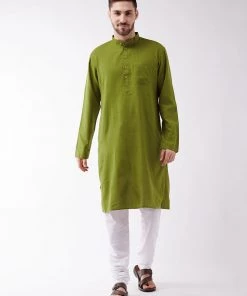 Vastramay Men's Mehendi Green And White Cotton Blend Kurta Pyjama Set