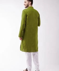 Vastramay Men's Mehendi Green And White Cotton Blend Kurta Pyjama Set