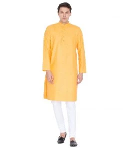Vastramay Men's Orange Linen Kurta And Pyjama Set