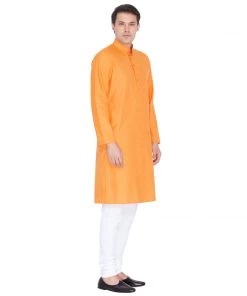 Vastramay Men's Orange Linen Kurta And Pyjama Set