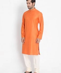 Vastramay Men's Orange Cotton Blend Kurta And Pyjama Set