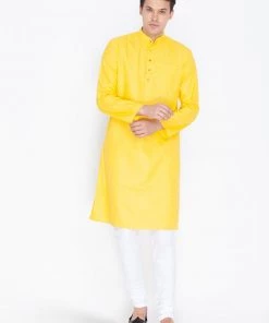 Vastramay Men's Yellow Linen Kurta And Pyjama Set