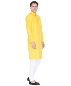 Vastramay Men's Yellow Linen Kurta And Pyjama Set