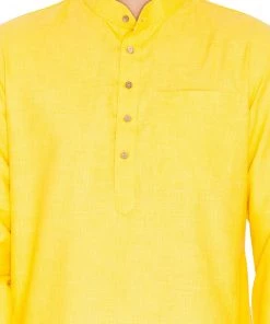 Vastramay Men's Yellow Linen Kurta And Pyjama Set