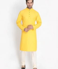 Vastramay Men's Yellow Cotton Blend Kurta And Pyjama Set