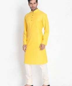 Vastramay Men's Yellow Cotton Blend Kurta And Pyjama Set