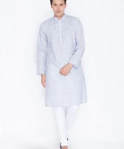 VASTRAMAY Men's Blue Linen Kurta And Pyjama Set Buy 1 Get 1