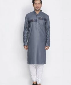 Vastramay Men's Grey Cotton Blend Kurta