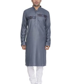 Vastramay Men's Grey Cotton Blend Kurta And Pyjama Set