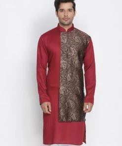 VASTRAMAY Men's Maroon Cotton Blend Kurta
