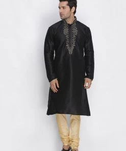 Vastramay Men's Black Cotton Silk Blend Kurta