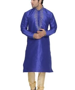 Vastramay Men's Blue Cotton Silk Blend Kurta And Pyjama Set