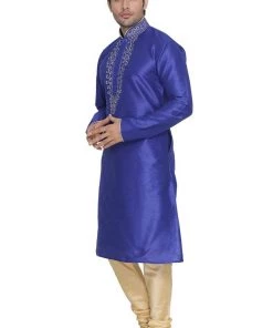 Vastramay Men's Blue Cotton Silk Blend Kurta And Pyjama Set