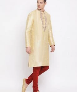 Vastramay Men's Gold Cotton Silk Blend Kurta