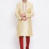 Vastramay Men's Gold Cotton Silk Blend Kurta And Pyjama Set