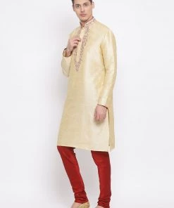 Vastramay Men's Gold Cotton Silk Blend Kurta And Pyjama Set