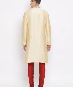 Vastramay Men's Gold Cotton Silk Blend Kurta And Pyjama Set