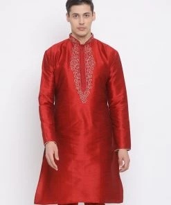 Vastramay Men's Maroon Cotton Silk Blend Kurta