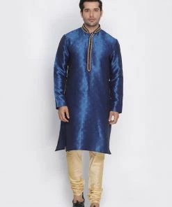 Vastramay Men's Blue Cotton Silk Blend Kurta