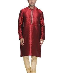 Vastramay Men's Maroon Cotton Silk Blend Kurta And Pyjama Set