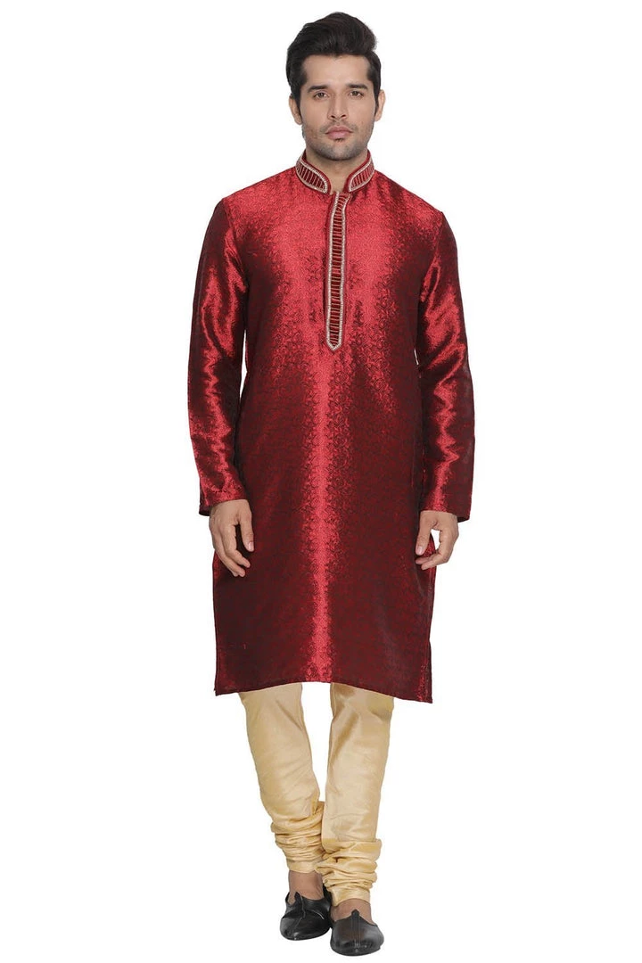Vastramay Men's Maroon Cotton Silk Blend Kurta And Pyjama Set 3 Vastramay Men's Maroon Cotton Silk Blend Kurta And Pyjama Set