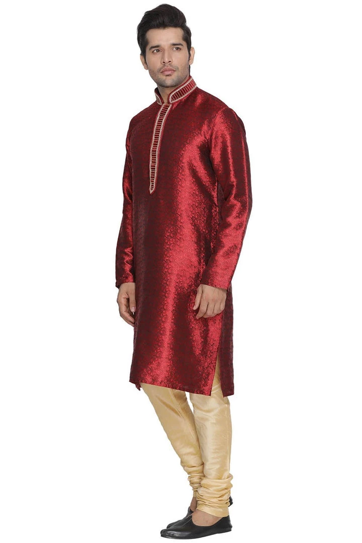 Vastramay Men's Maroon Cotton Silk Blend Kurta And Pyjama Set 4 Vastramay Men's Maroon Cotton Silk Blend Kurta And Pyjama Set