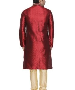 Vastramay Men's Maroon Cotton Silk Blend Kurta And Pyjama Set 11 Vastramay Men's Maroon Cotton Silk Blend Kurta And Pyjama Set