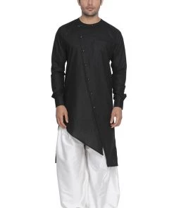 Vastramay Men's Black Linen Kurta And Patiala Set Kurta Sets