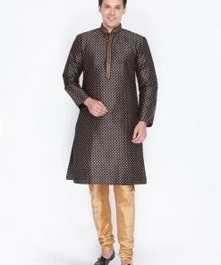 Vastramay Men's Black Cotton Silk Blend Kurta And Pyjama Set