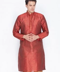Vastramay Men's Maroon Cotton Silk Blend Kurta