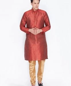 Vastramay Men's Maroon Cotton Silk Blend Kurta