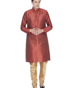 Vastramay Men's Maroon Cotton Silk Blend Kurta And Pyjama Set