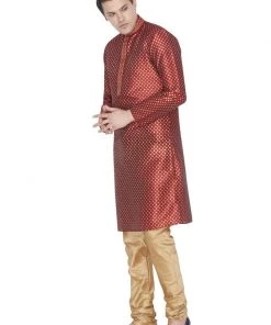 Vastramay Men's Maroon Cotton Silk Blend Kurta And Pyjama Set